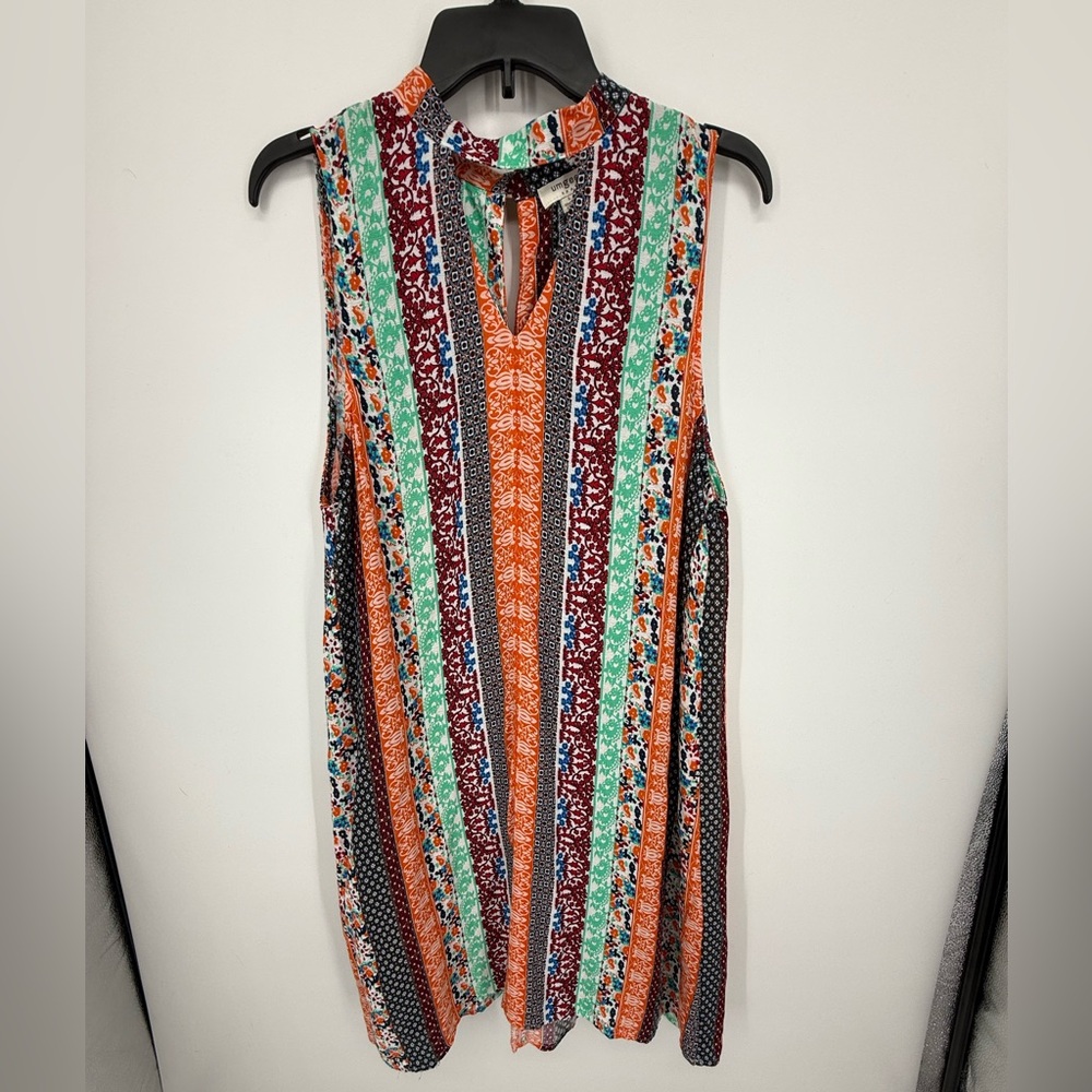 Umgee Boho Patchwork Floral Striped Mini Dress Shift Tunic Top Sleeveless Large